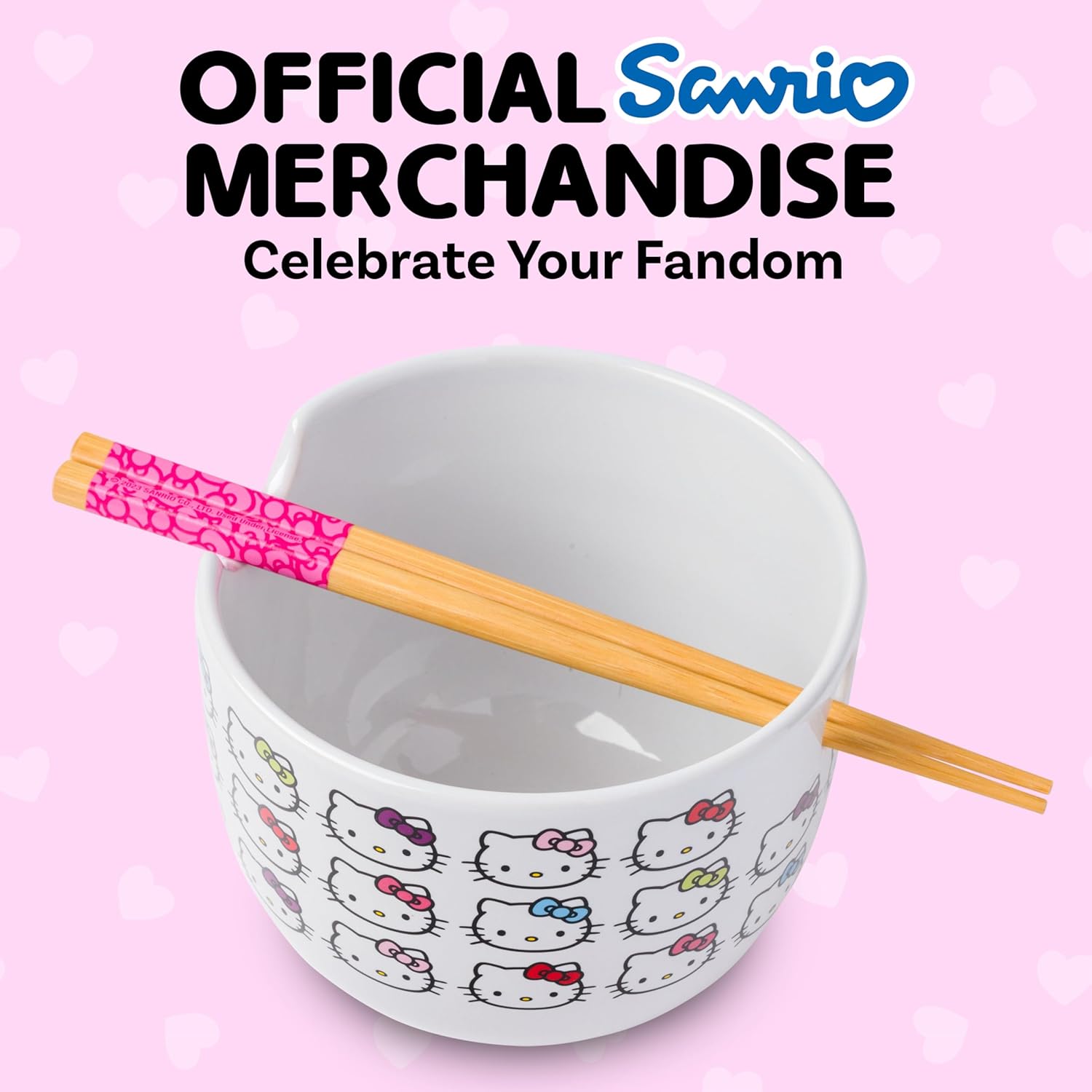 Silver Buffalo Sanrio Hello Kitty Face with Different Color Bows Pattern Ceramic Ramen Noodle Rice Bowl with Chopsticks, Microwave Safe, 20 Ounces
