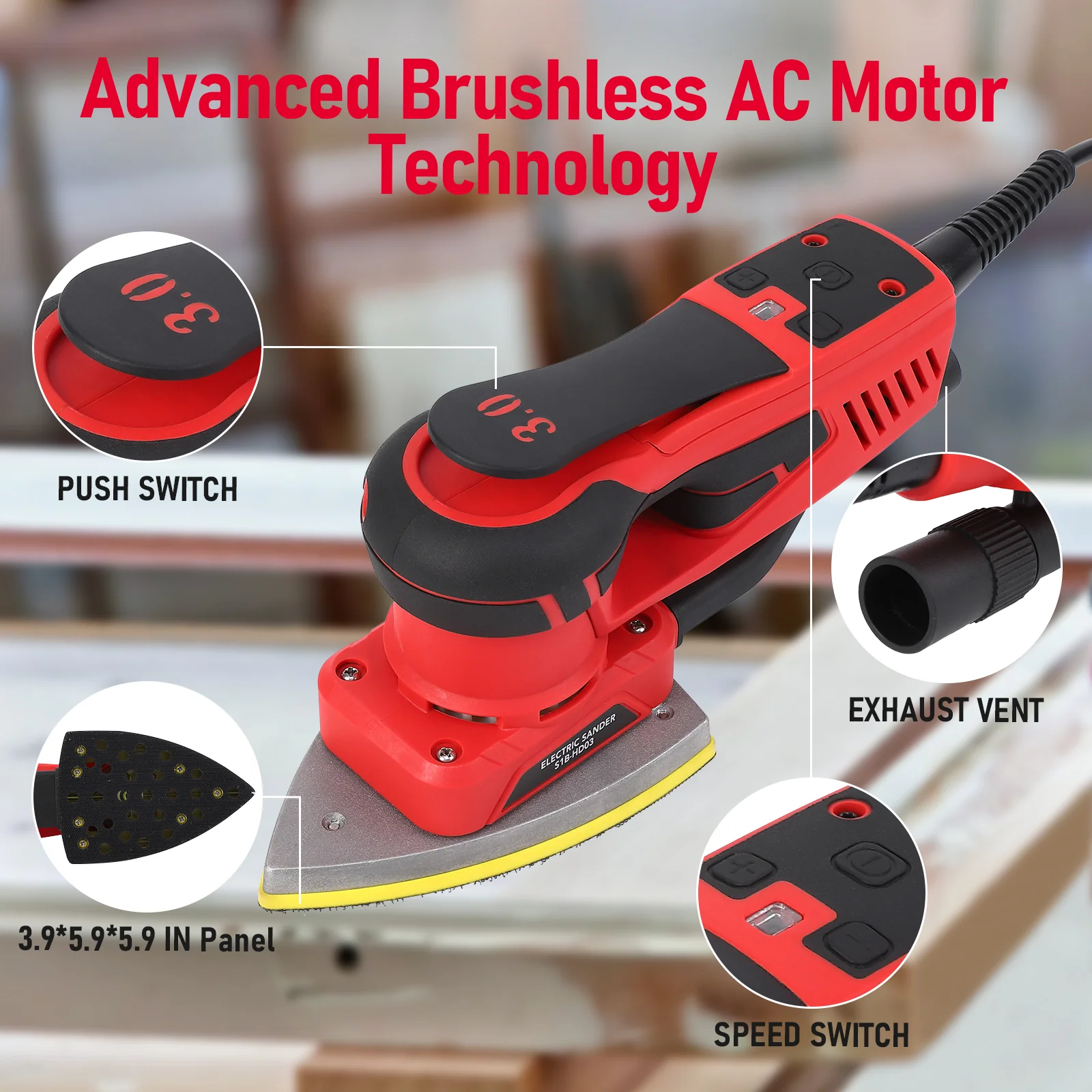 M optimized Electric Detail Sander with 12 Sanding Paper, 350W Brushless Motor Mouse Sander, Powerful & Low Vibration, 10000 RPM, for Wood Working