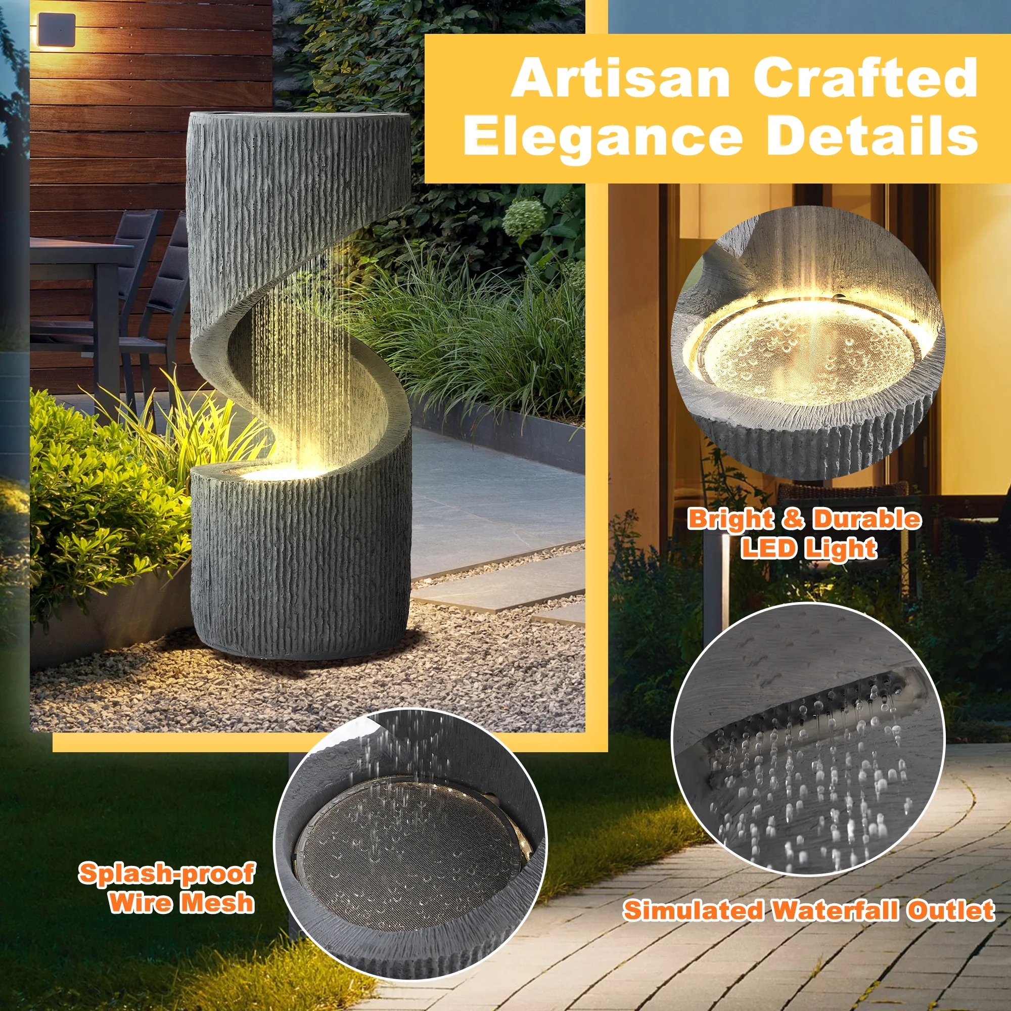 Magic Union Outdoor S-Shaped Water Fountain, Spiral Waterfall Indoor Fountain Outside Garden Decor with LED Lights & Pump, Curved Patio Resin Fountains for Yard, Deck, Porch and Home Decorations - Image 5