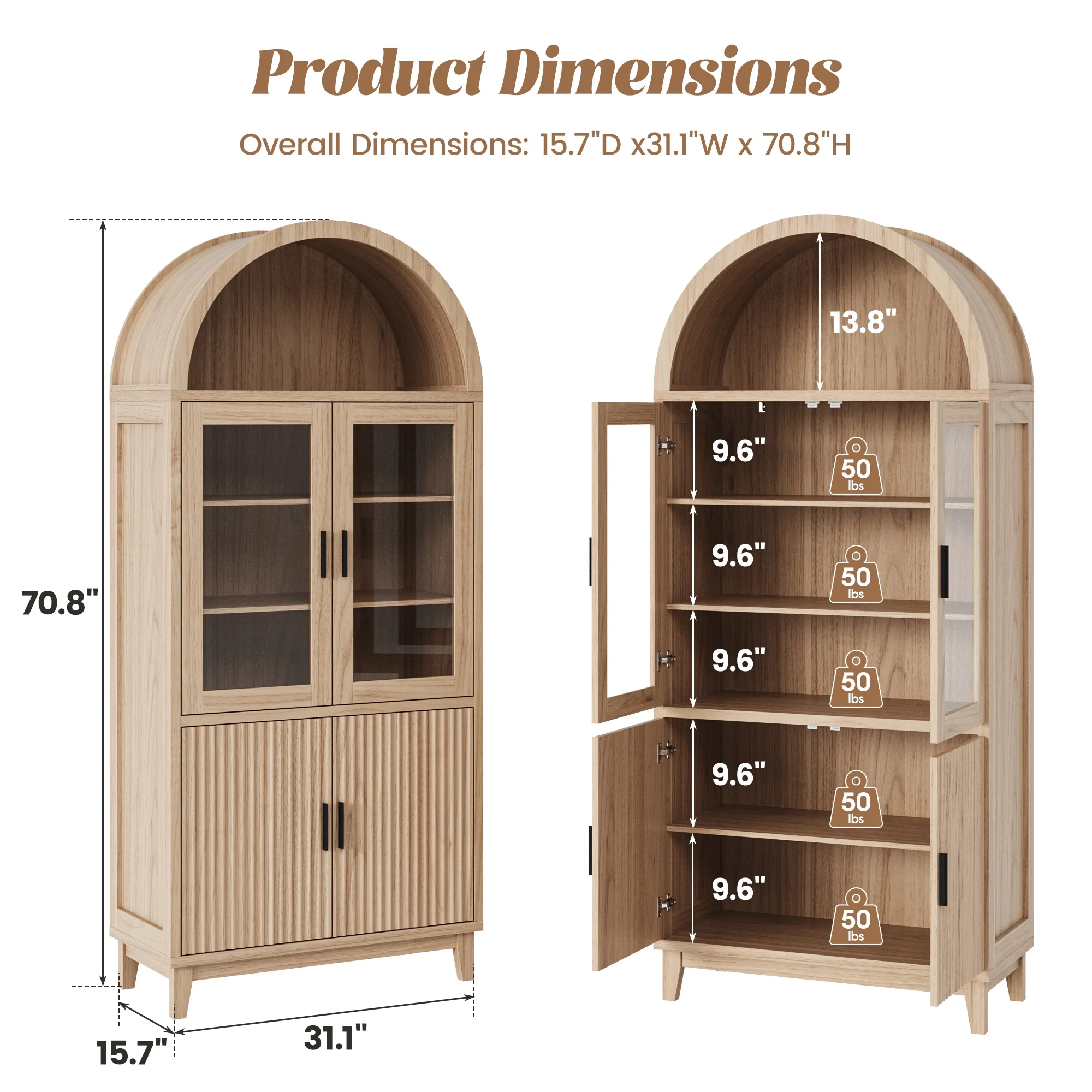VEANERWOOD 71" Tall Arch Cabinet, Wood Fluted Kitchen Kitchen Storage Cabinet with 4 Doors and 6 Shelves for Dining Room Living Room - Image 26