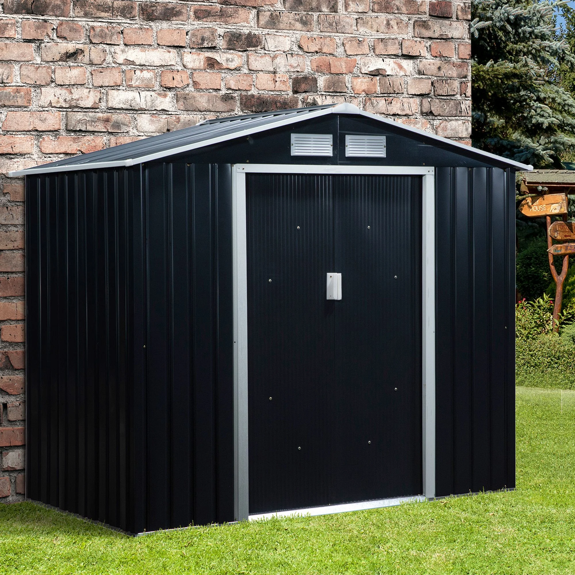 Outsunny 7' x 4' Metal Storage Shed Organizer, Garden Tool House with 4 Vents and 2 Sliding Doors for Backyard, Patio, Garage, Lawn, Dark Gray - Image 3