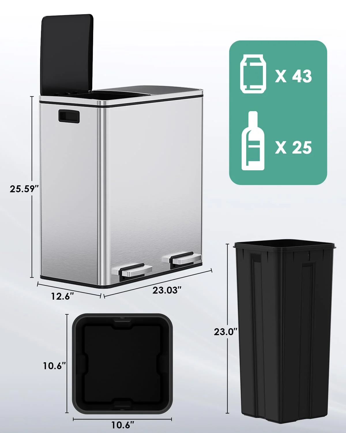 LAZY BUDDY Dual Garbage Can, Stainless Steel 16 Gallon Step Kitchen Trash Can with Soft-Close Lid, Double Compartment Garbage Recycling Bin - Image 22