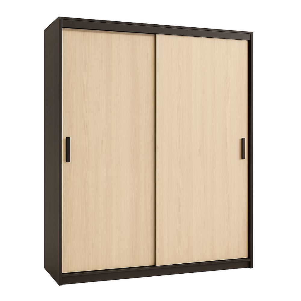 Armario deslizante moderno de madera clara y negra, almacenamiento eficiente, diseño contemporáneo