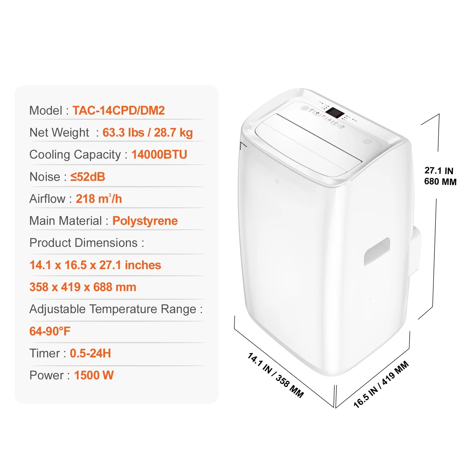 KFFKFF 14,000 BTU Mobile Air Conditioning Unit, Versatile 3-in-1 AC , Suits 550-700 Sq.Ft Spaces, Features Cooling, Dehumidifying, Fan Modes, Quiet Operation, and Comprehensive Accessories - Image 5