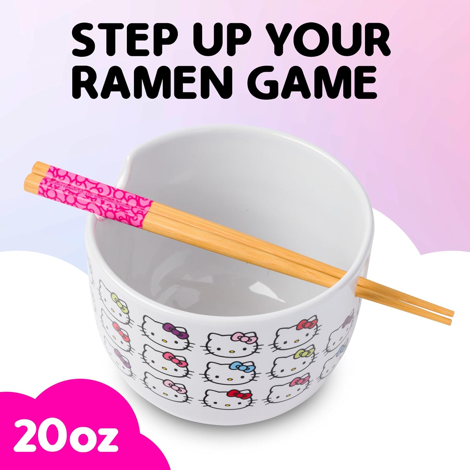 Silver Buffalo Sanrio Hello Kitty Face with Different Color Bows Pattern Ceramic Ramen Noodle Rice Bowl with Chopsticks, Microwave Safe, 20 Ounces