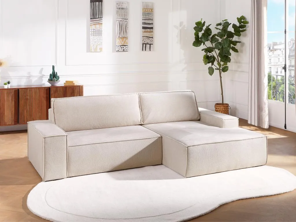 Sofá esquinero derecho convertible de tela texturizada beige Decounico
