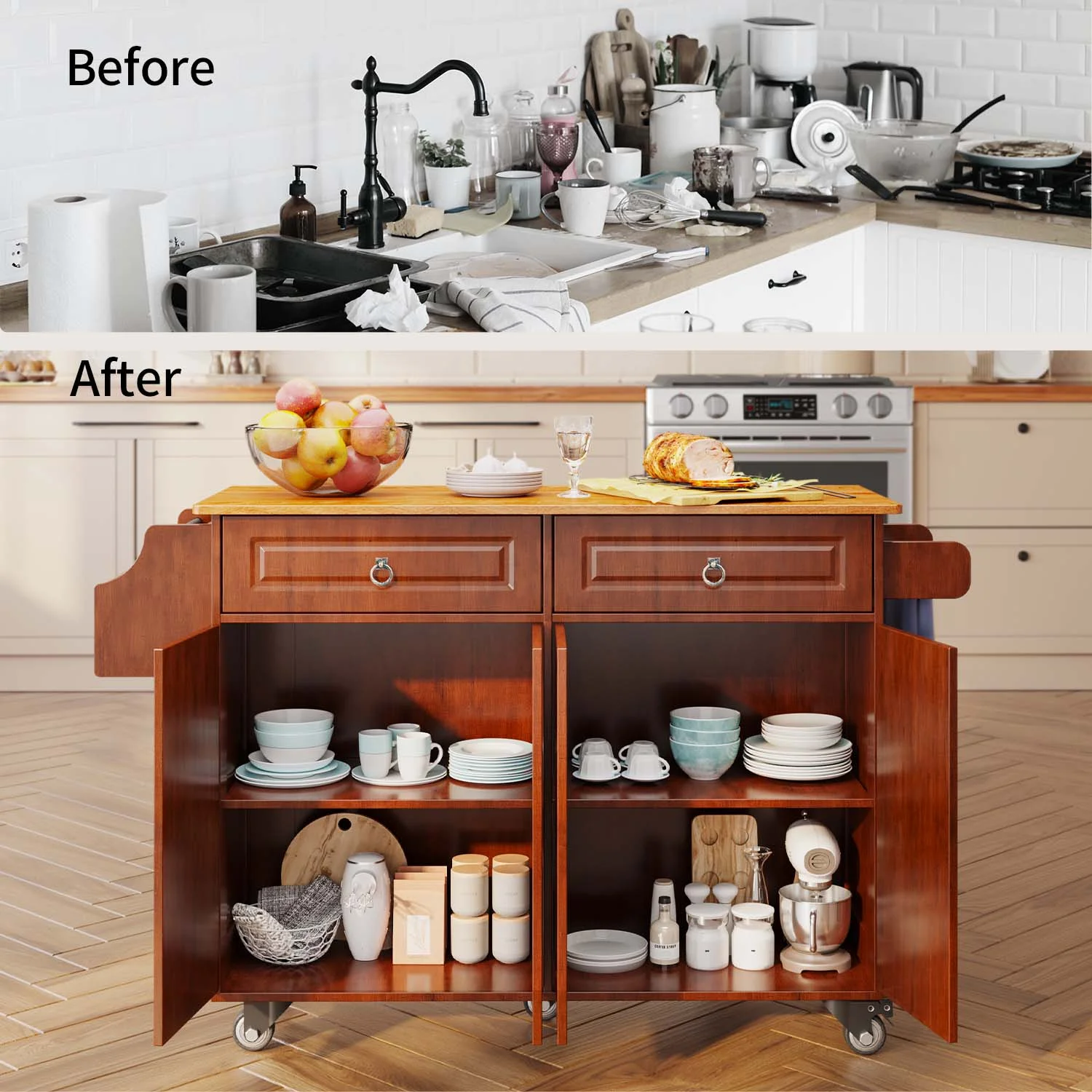 Lofka 52-Inch Kitchen Island with Storage on Wheels with Wood Drop Leaf, Ideal for Small Kitchens - Image 15