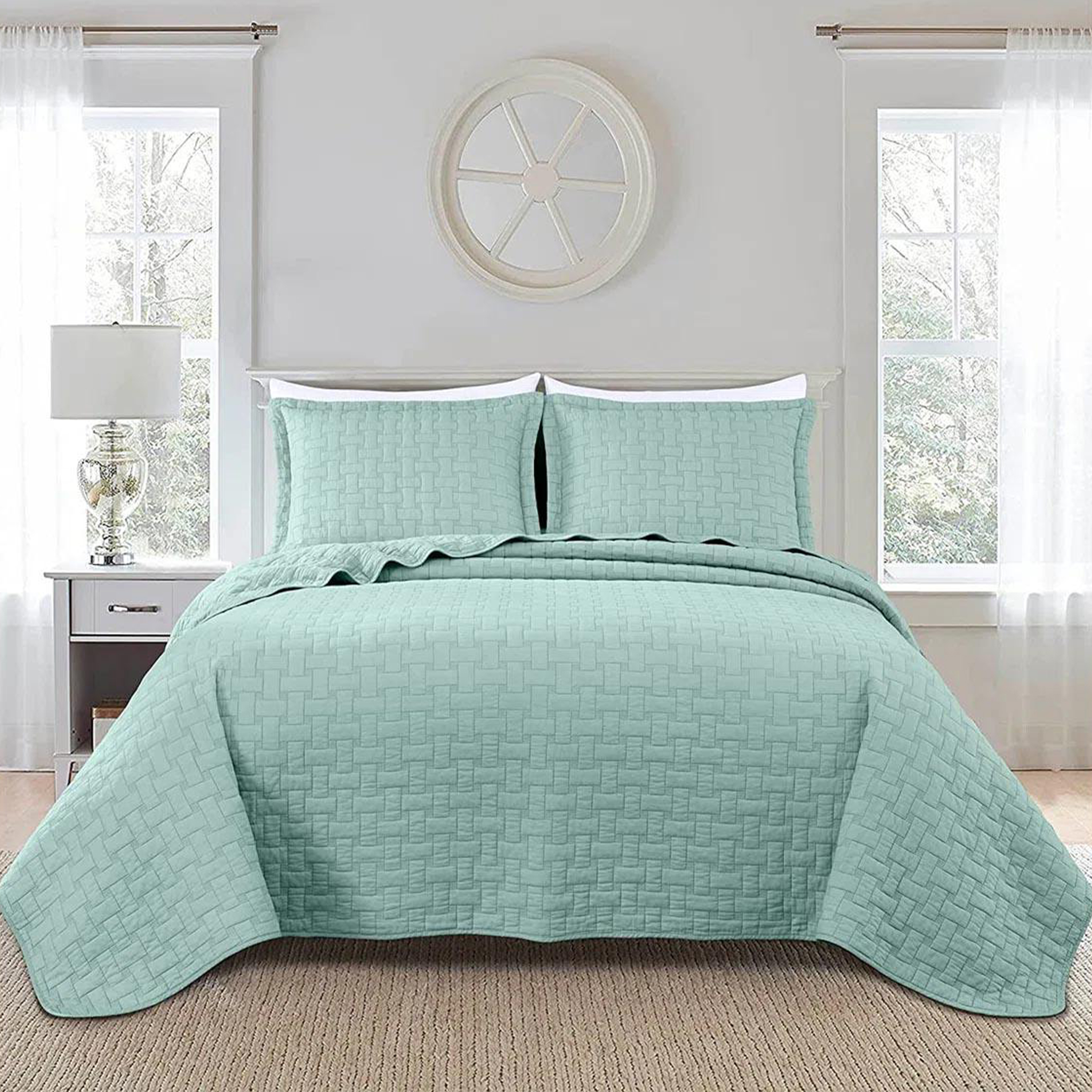 The Bedspread Features a Fresh Light Green Tone and Classic Quilted Pattern Striped Perfect for  Romantic Bedroom Decor