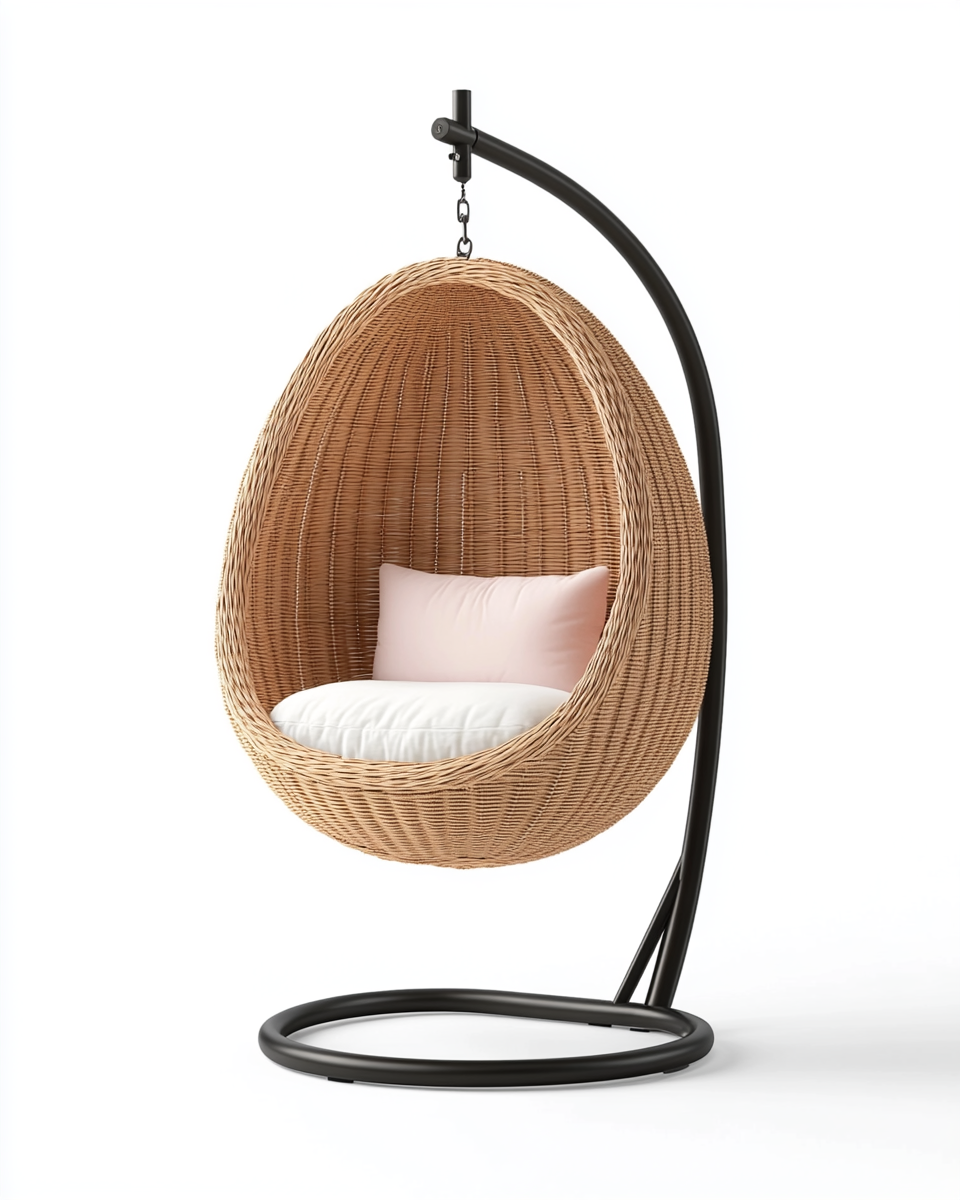 Silla colgante de ratán con base de metal negro y cojines blancos y rosados