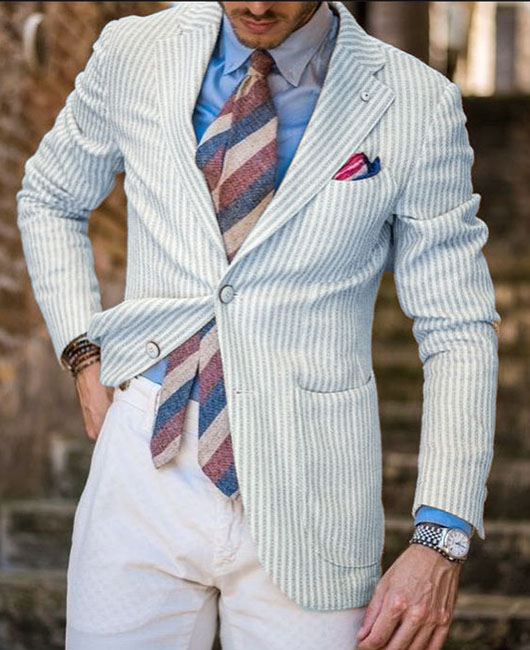 Business Striped Pockets Button Notch Lapel Blazer