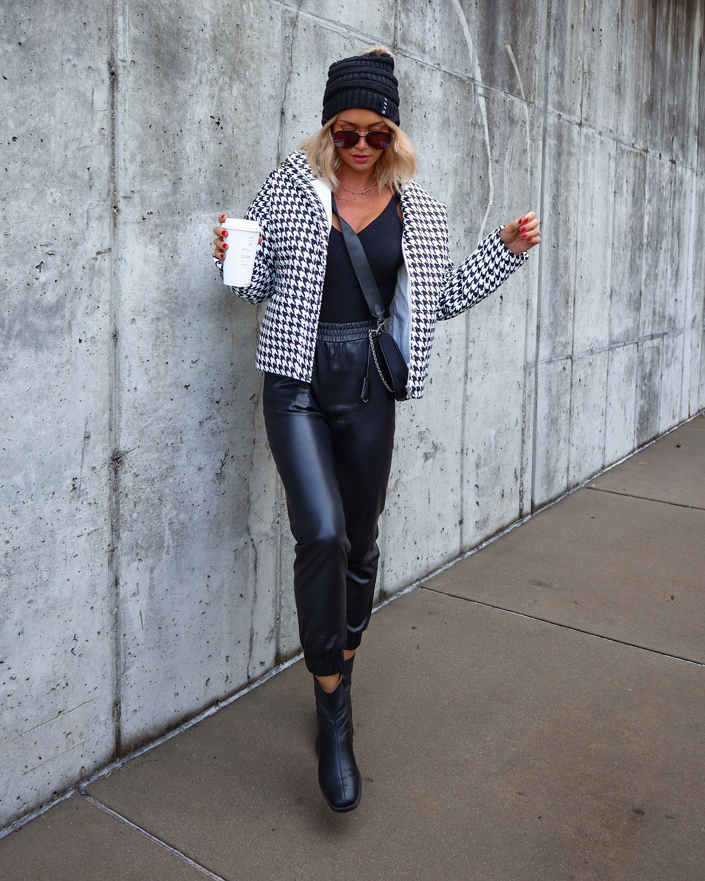 Meet Me At The Rink Houndstooth Pocketed Puff Jacket - Se7enfashion
