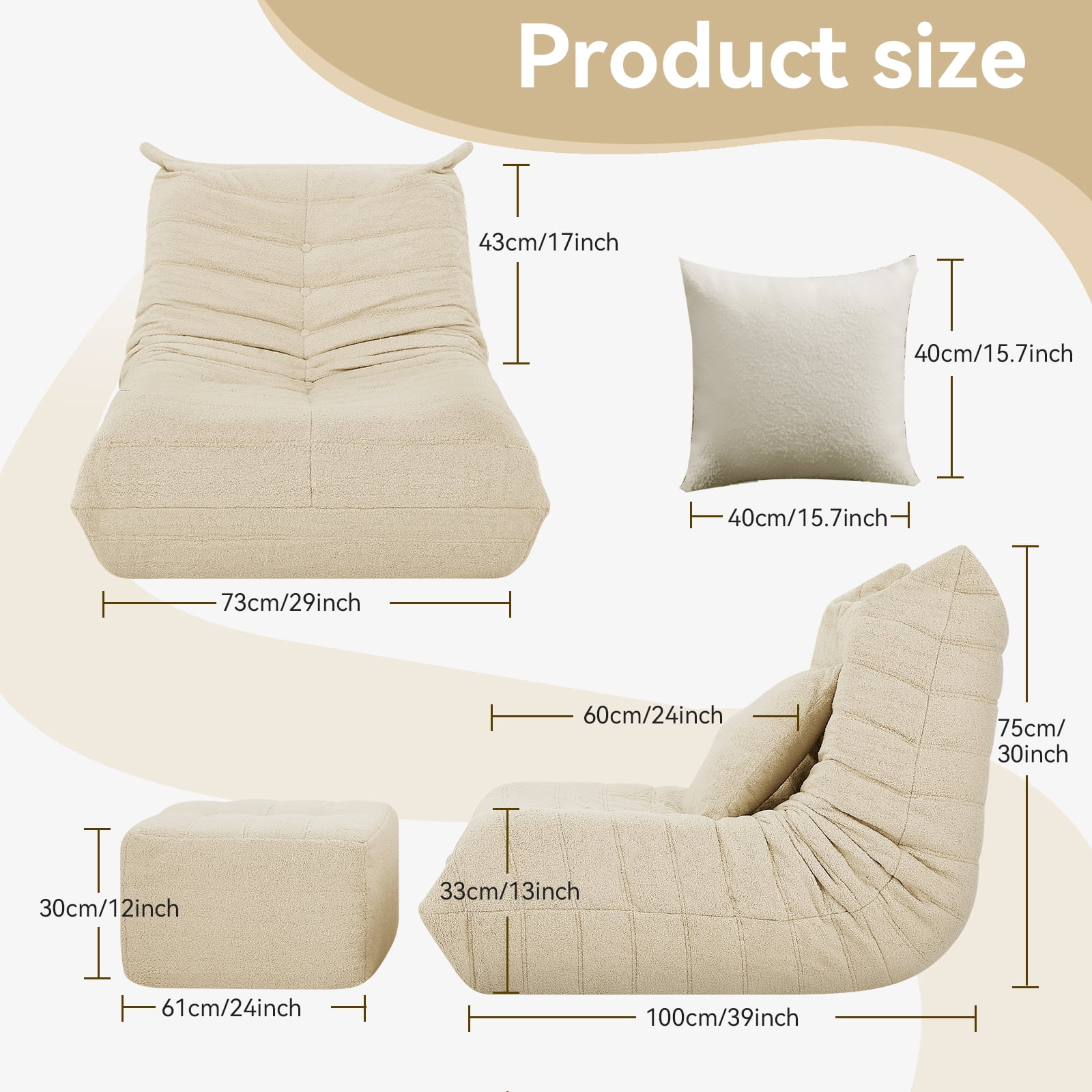 VFD Bean Bag Chairs for Adults, Beanbag Chair with Ottoman Lounge Sofa Memory Foam Comfy Reading Chair for Bedroom & Living Room, Lazy Floor Sofa Couch - Image 4