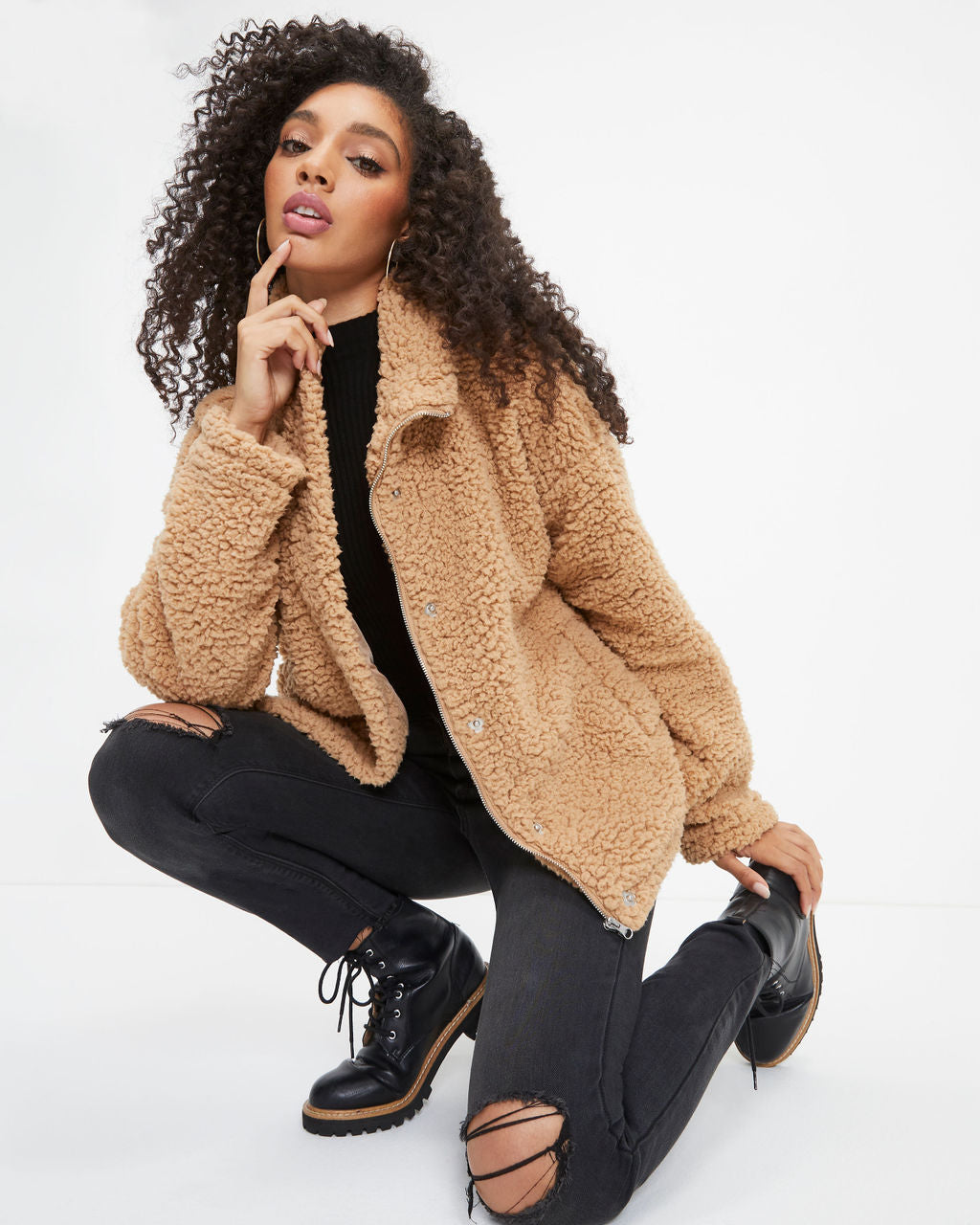 Cabin Dates Pocketed Teddy Jacket - Camel - Se7enfashion