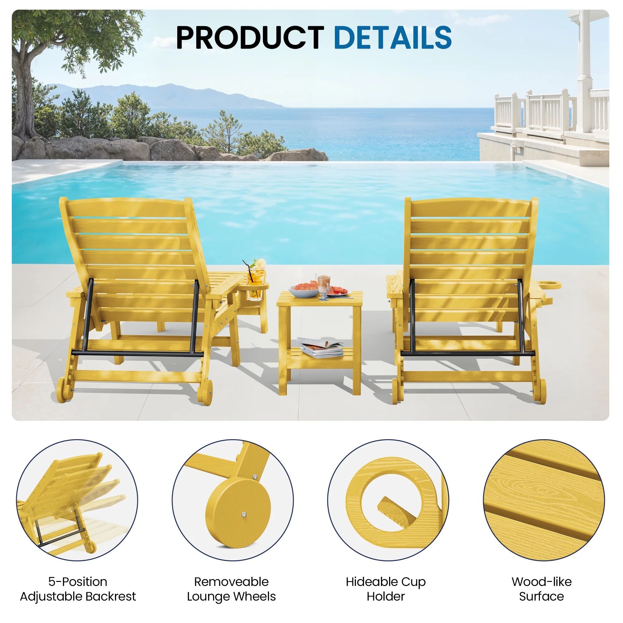 SERWALL Patio Chaise Lounge Chair, 78'' HDPE Outdoor Lounge Chair 5 Positions Pool Lounger Navy Blue - Image 34