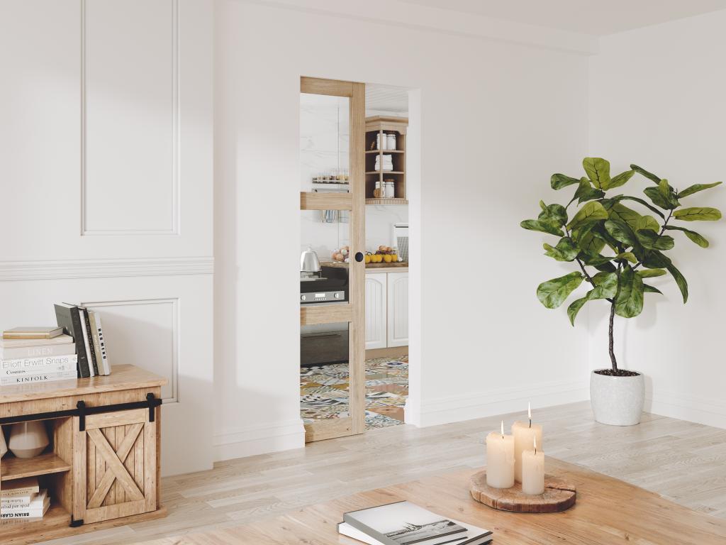Puerta corredera empotrada en madera y vidrio templado - 3 ventanas - Alt. 205 x L73 cm - ACOSTA II