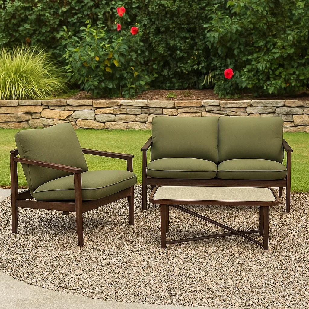 Muebles de salón para jardín 3 plazas de metal marrón con cojines verde oliva,sofá doble 128x75x85 cm,sillón 72x75x85 cm,mesa 90x50x42 cm,uso exterior terraza patio - NoxJfTKS7Tn0