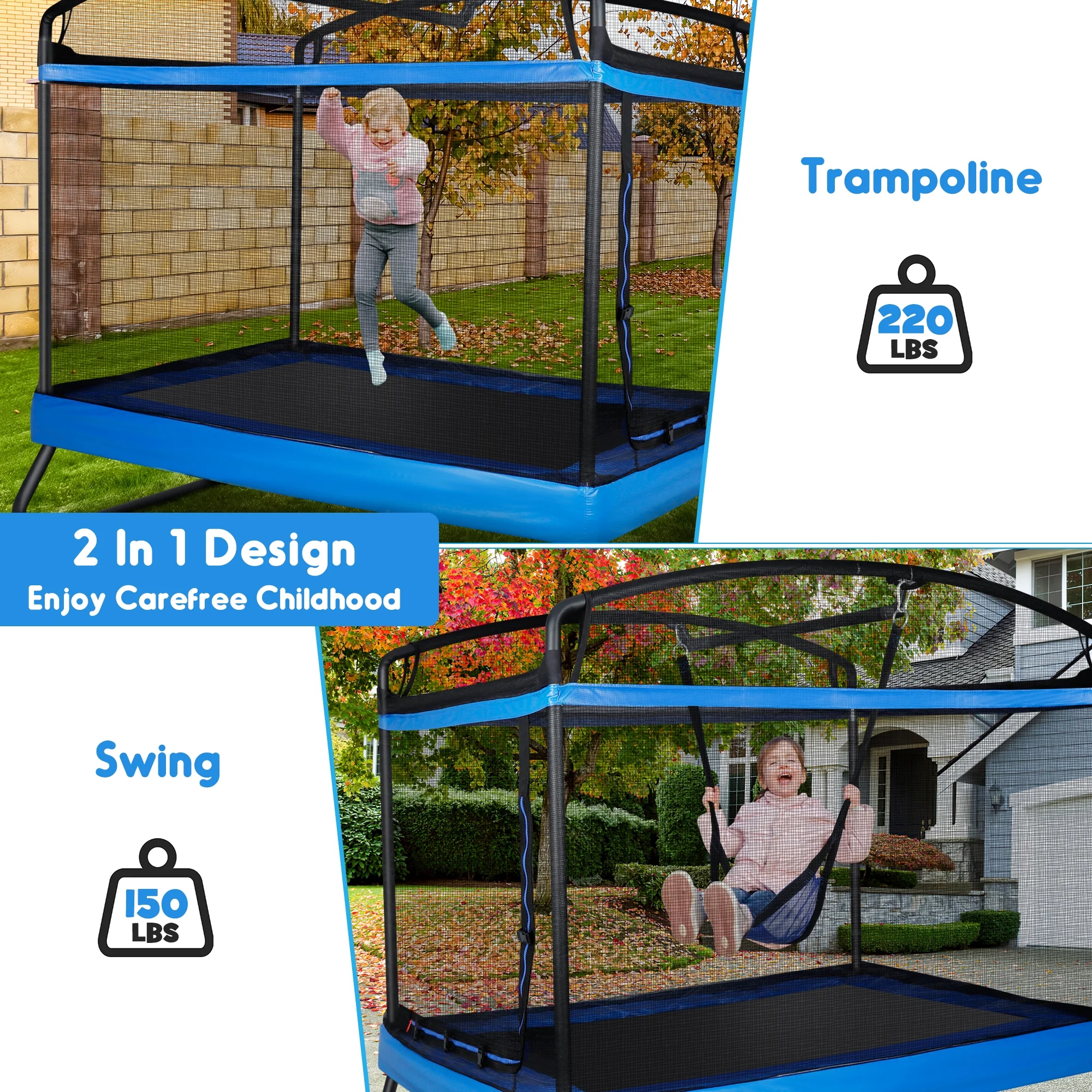 GIKPAL 3-in-1 Kids Trampoline with Swing Set, 6FT Rectangle Toddler Trampoline Indoor/Outdoor for Ages 3-8, Heavy-Duty Jumping Mat for Backyard Play, Blue - Image 5