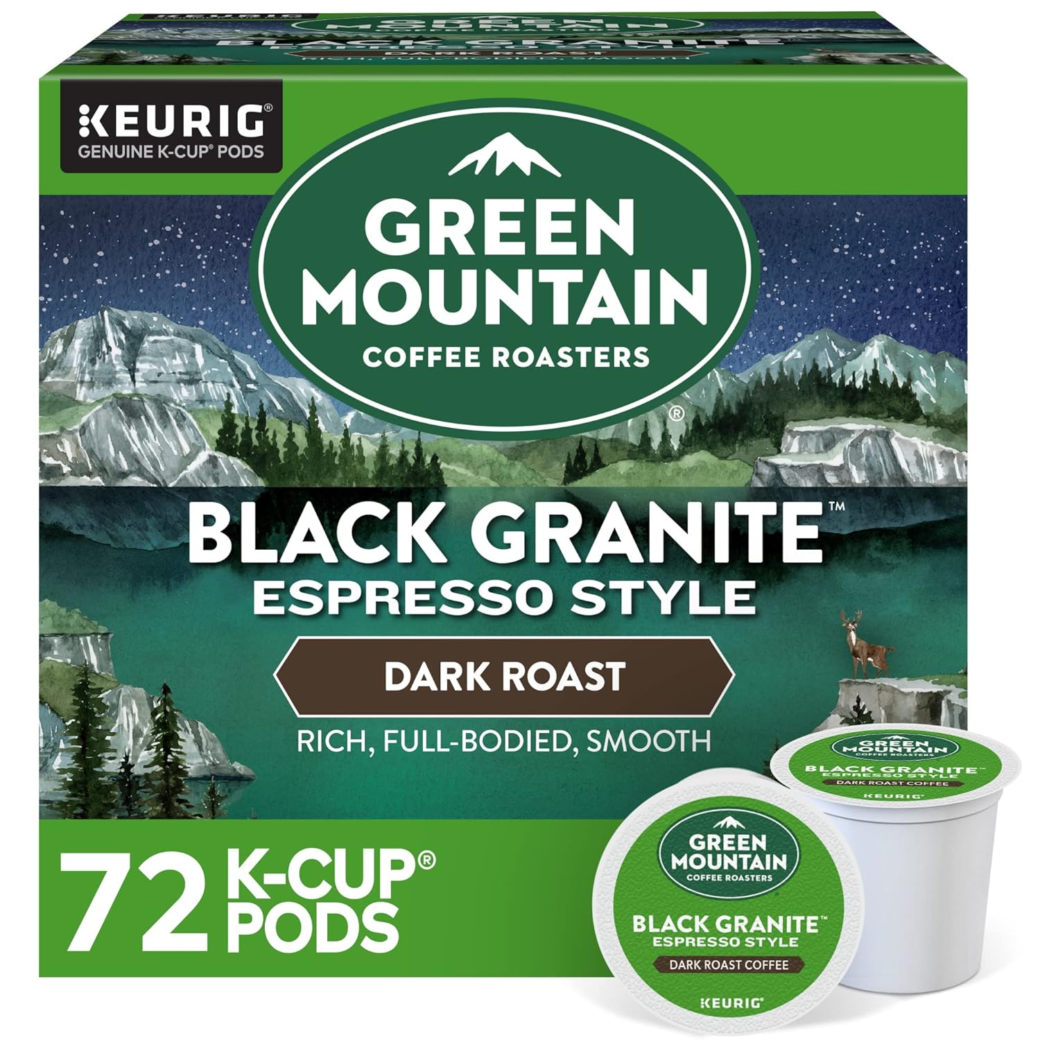 Green Mountain Coffee Roasters Black Granite. Keurig Single Serve K-Cup Pods. Espresso Style Dark Roast. 72 Count