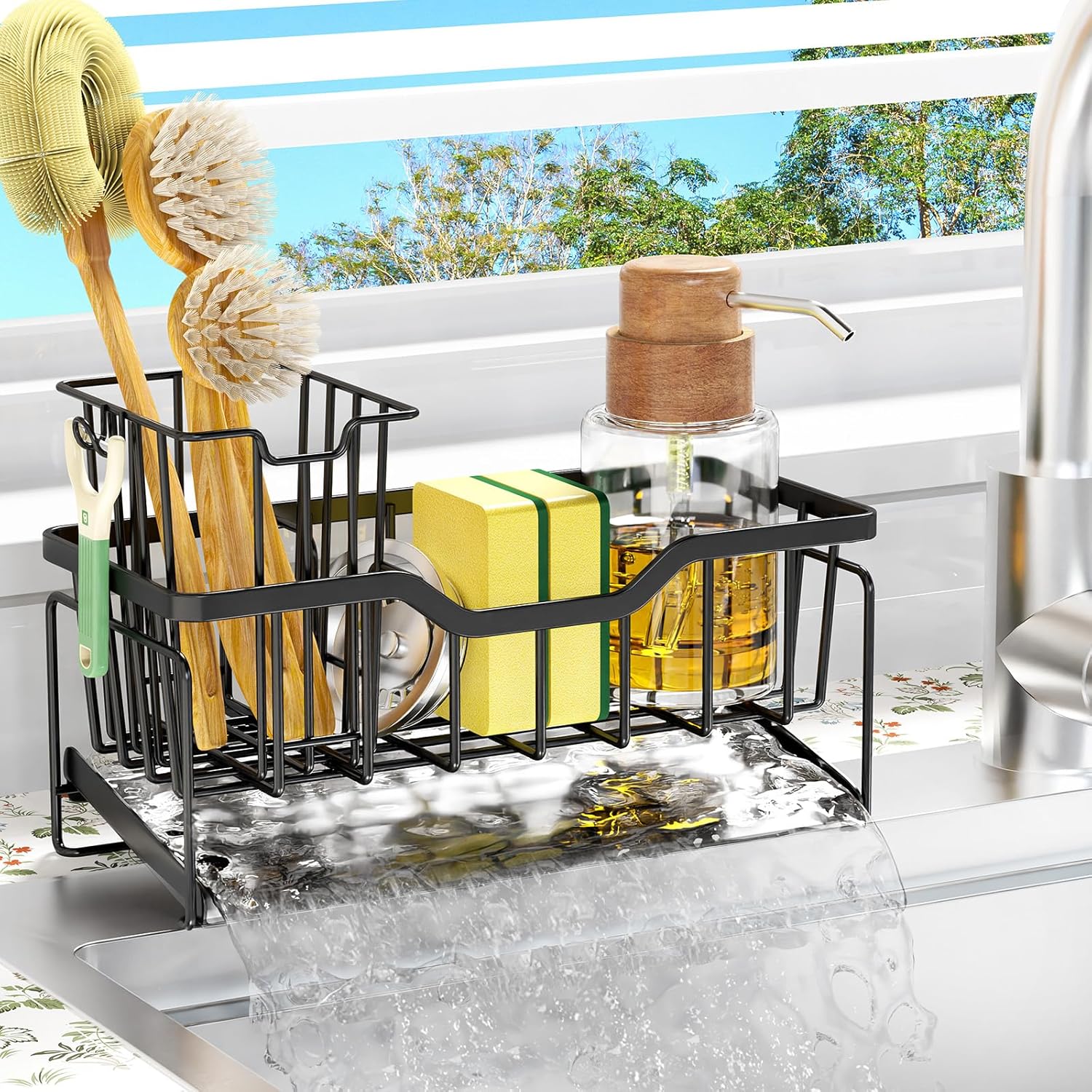 StorageRight Kitchen Sink Caddy Organizer, Rustproof Sponge Holder for Kitchen Sink, Instant Dry High Brush Holders with Drain Tray, Anti-Slip Sink Storage Organization Essentials, Silver