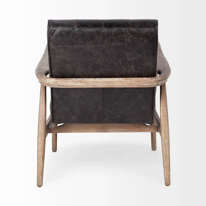 Phineas Black Genuine Leather Accent Chair with Brown Solid Wood Frame