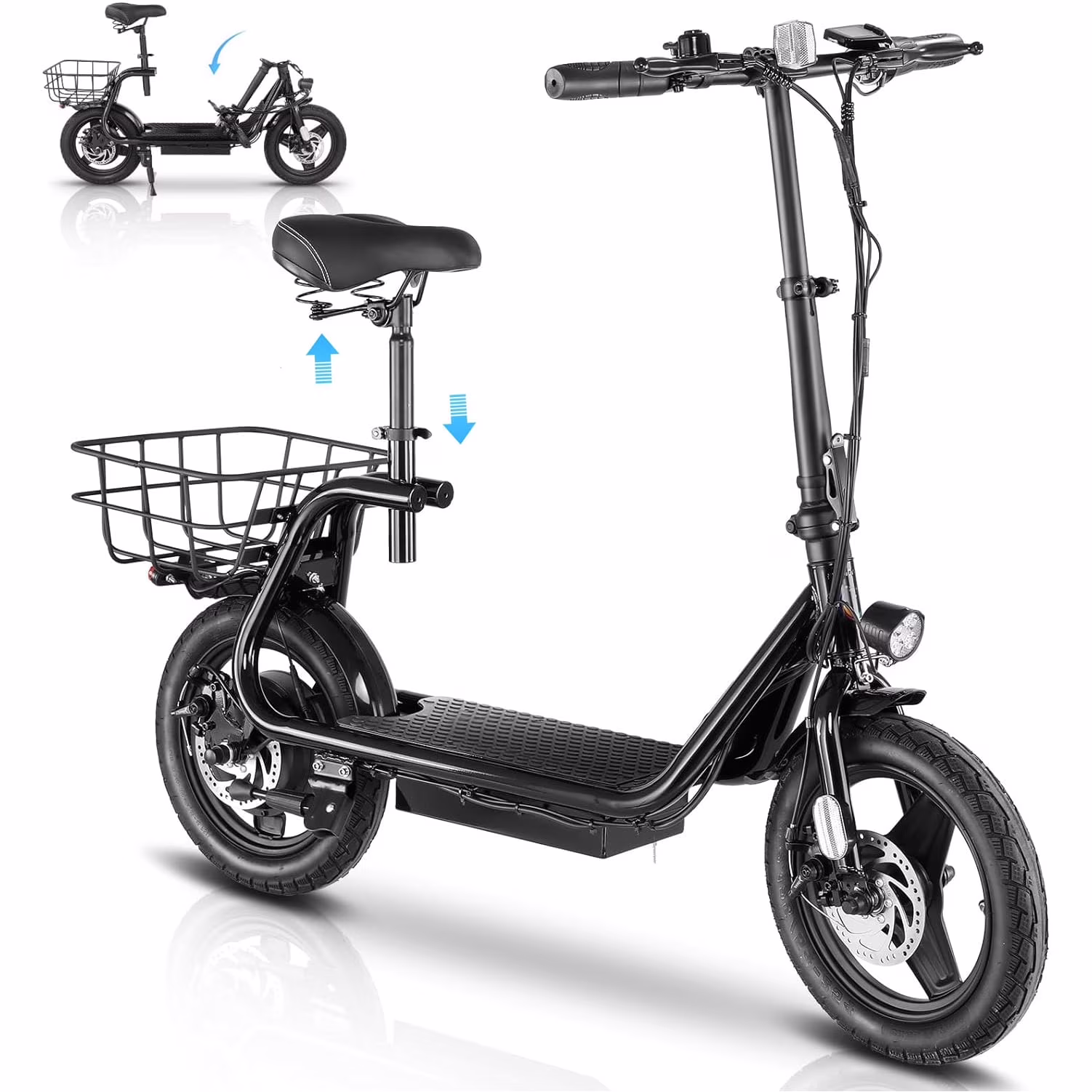 SANOPY 350W Electric Scooter with Seat for Adults, 15 Miles Range 20 Mph, 36V 5.2ah Battery Moped, 14" Big Tire Commuter Electric Bike with Shock Absorbing, Black(800W Peak-With basket/Black)