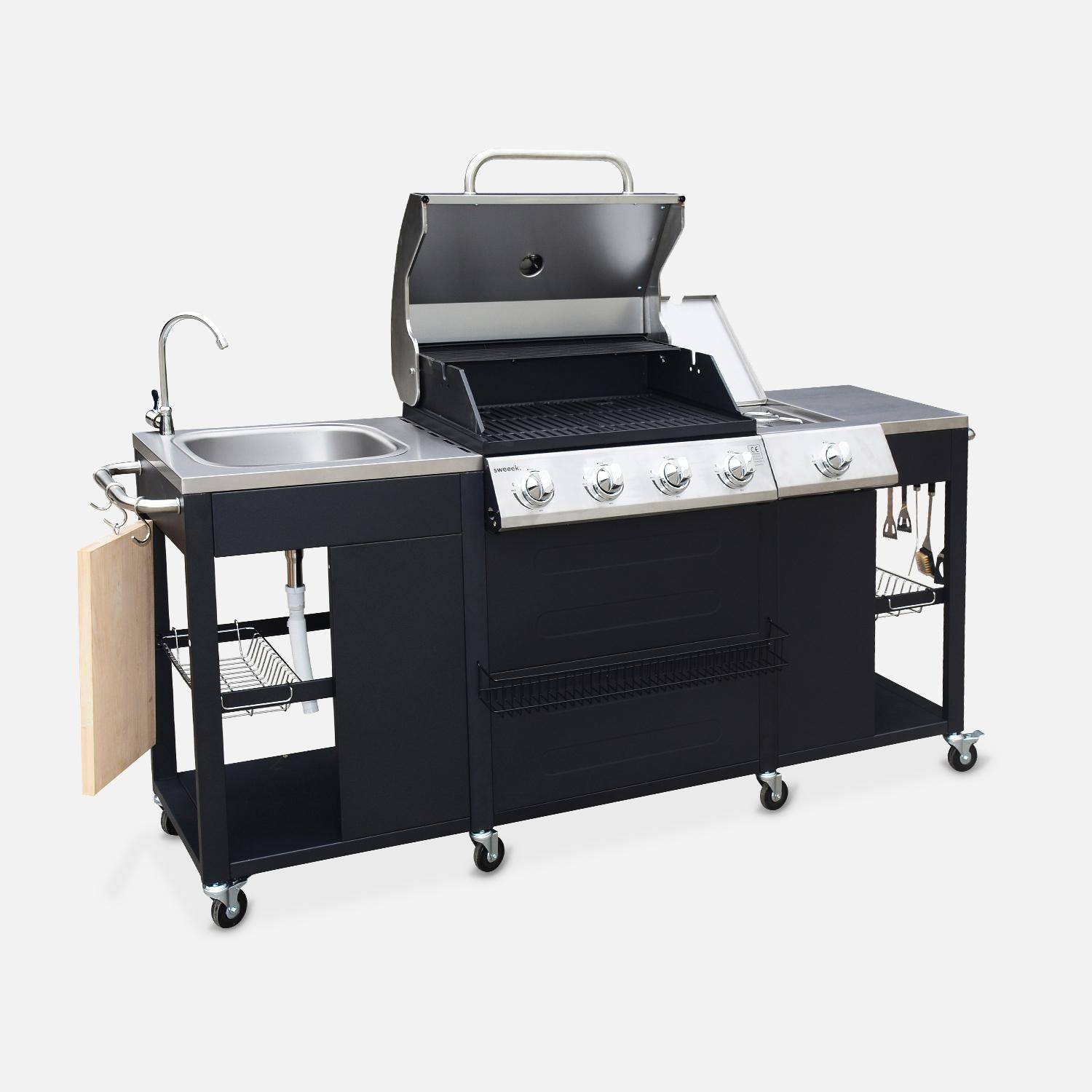 D'Artagnan con funda - Barbacoa de gas con 4 quemadores + 1 fuego lateral, cocina exterior con fregadero y funda