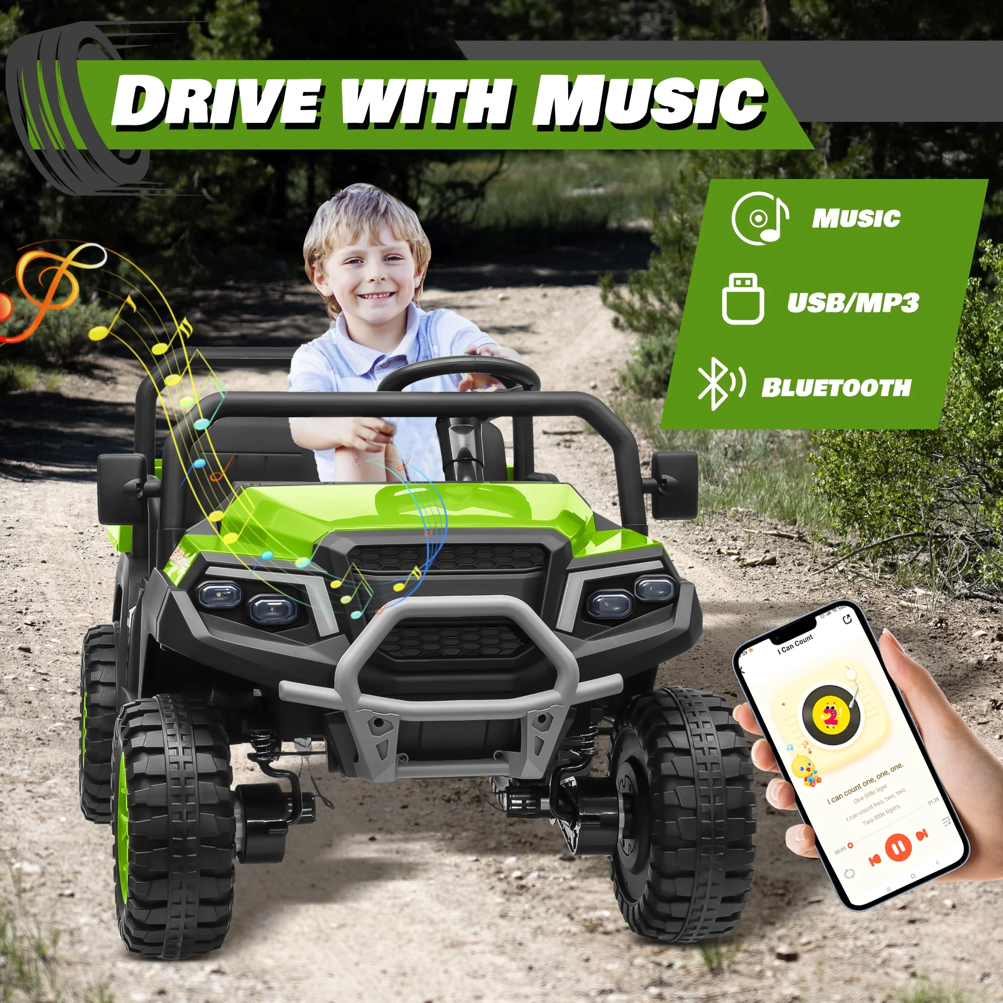 Joyracer 4WD 24 Volt Ride on Toys UTV with 2 Seater & Remote Control, Kids Electric Golf Cart w/ 4x200W Power Motors, Tiltable Trailer & Shovel, 4 Wheels Spring Suspension, Bluetooth USB Music, Black - Image 14
