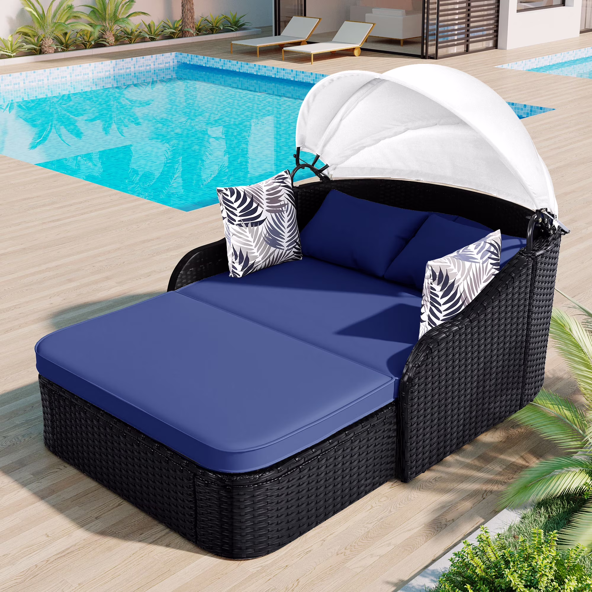 Harper & Bright Designs Rattan Outdoor Double Lounge Chaise 2-Person PE Wicker Outdoor Patio Sunbed with Canopy Cover for Backyard Garden Balcony, Beige+Black - Image 10