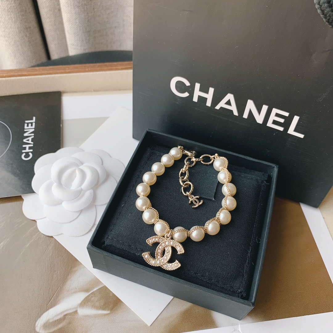 Chanel Light Gold Chain Wrap Pearl Bracelet with CC Charm - Original Replica Club