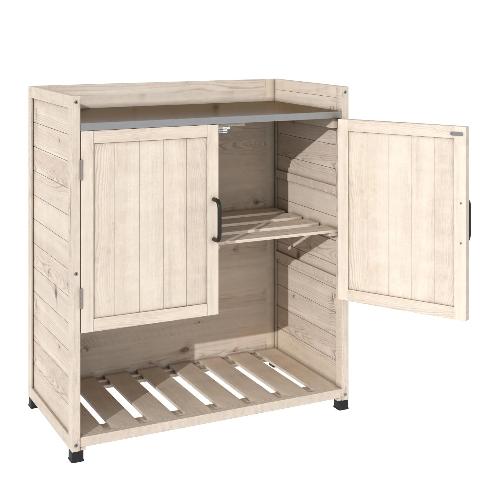 YODOLLA Potting Bench, Wooden Outdoor Storage Cabinet with Adjustable Shelf, Patio Storage with Metal Tabletop, Potting Table for Garden, Patio and Lawns, Gray - Image 11