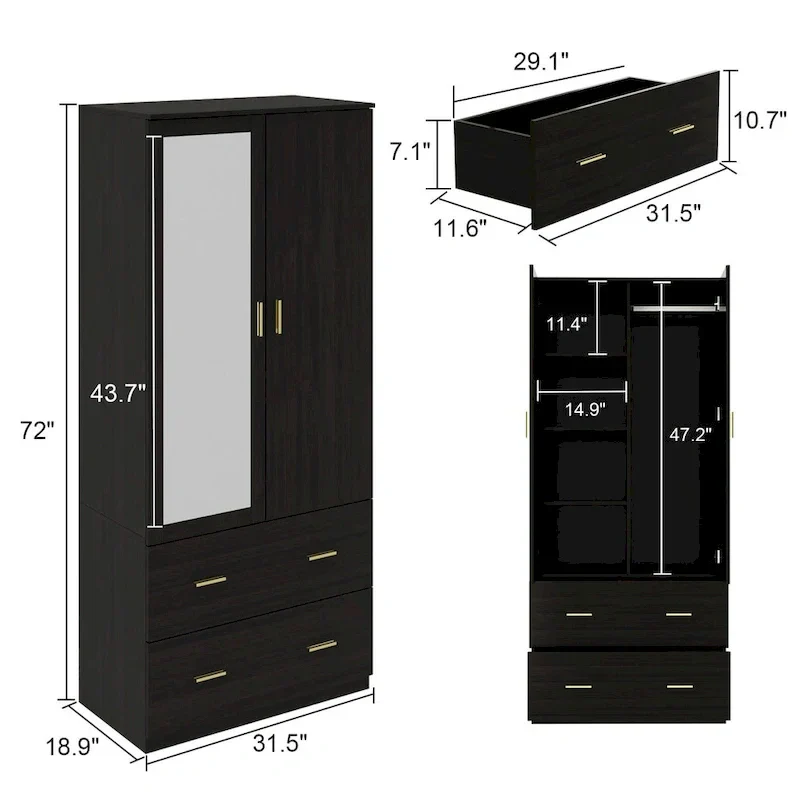 Modern Wardrobe Armoire with Mirror Door Hanging Rod and Drawers