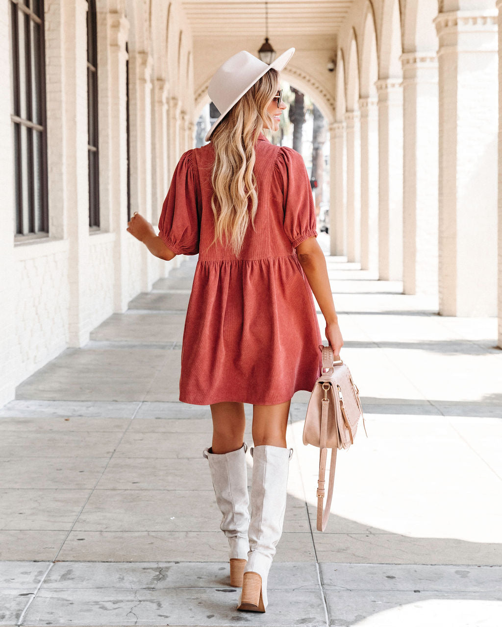 Owen Corduroy Puff Sleeve Babydoll Dress - Clay - Se7enfashion