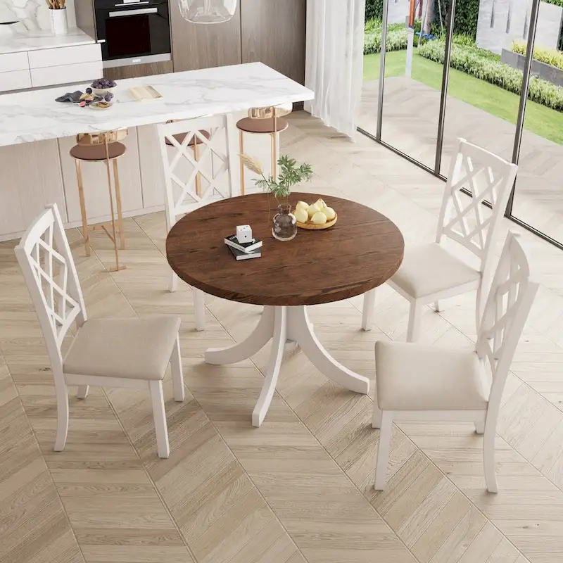 5-Piece Upholstered Chair Round Dining Table Set