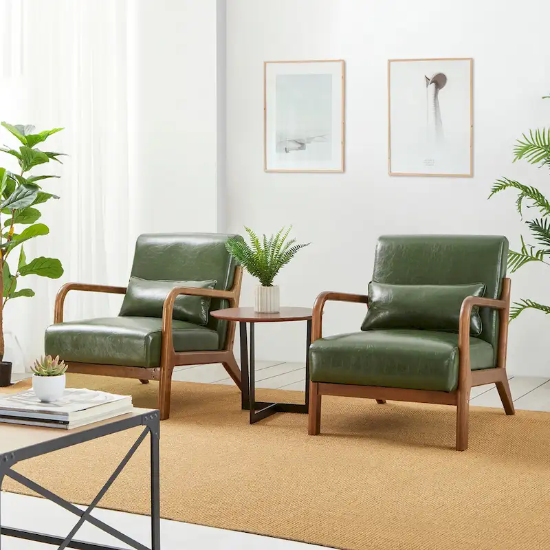 Glitzhome Set of 2 Mid-Century Modern PU Leather Accent Chairs - 30.75H with Cushions (25.75W x 33.75D)