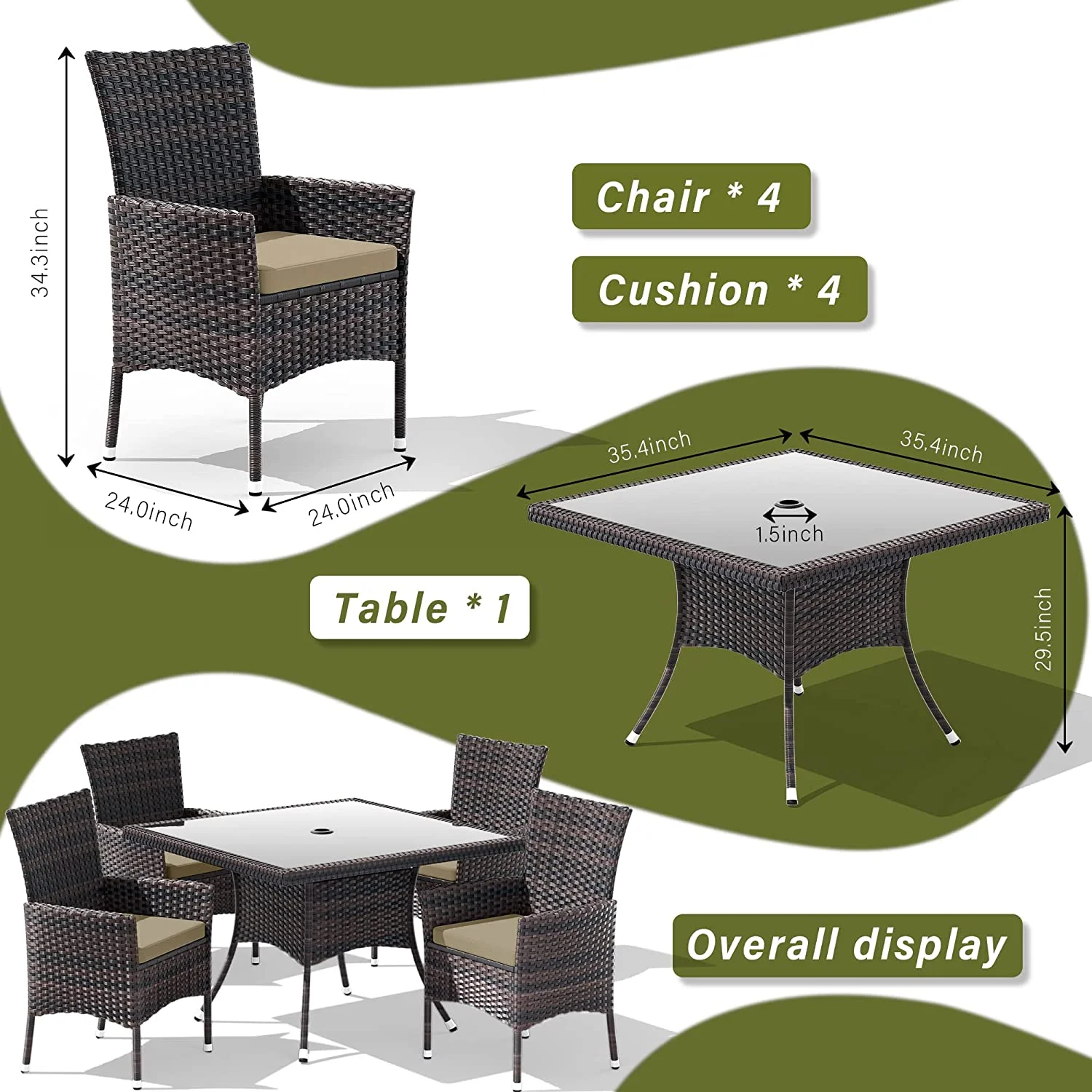 ALAULM 5 Pieces Patio Dining Set Outdoor Rattan Furniture with Square Glass Tabletop 4 Chairs with Cushions for Patio, Backyard Outdoor Kitchen Lawn & Garden Blue - Image 36