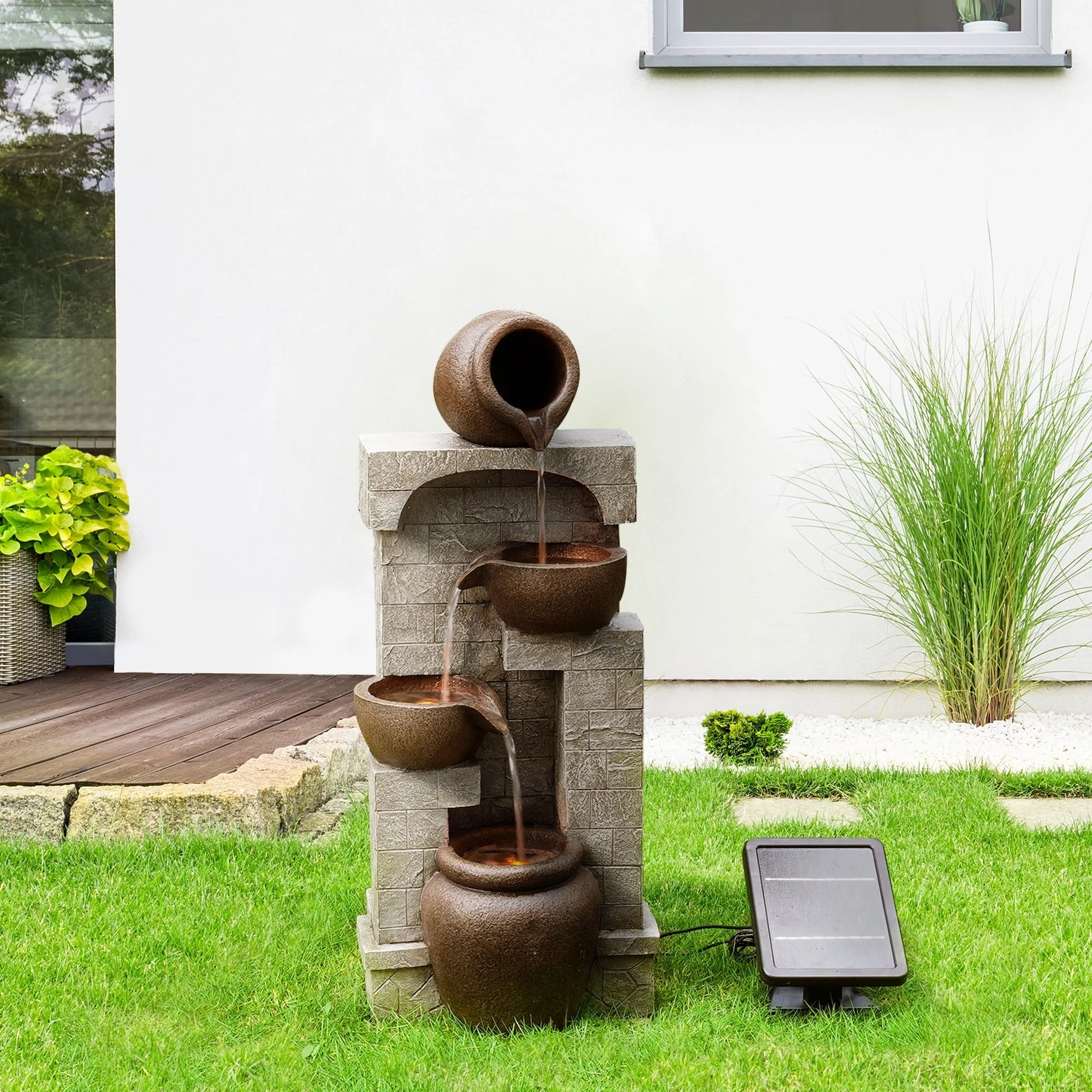 Teamson Home 28.5" Solar Powered 4-Tier Cascading Bowls & Stacked Stones Garden Water Fountain with LED Lights, Brown - Image 3