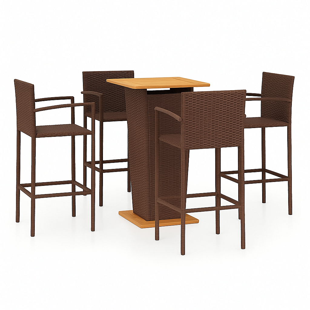 Bar de jardín con respaldo alto, una mesa cuadrada y cuatro sillas, color marrón.
