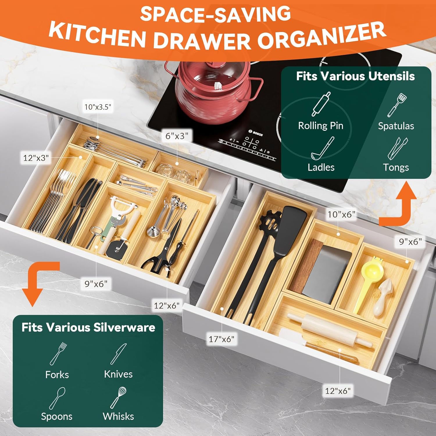 Lixple Bamboo Drawer Organizer for Kitchen Utensils, 2 Pack Stackable Bamboo Kitchen Drawer Organizers, Silverware & Utensil Drawer Trays, 10