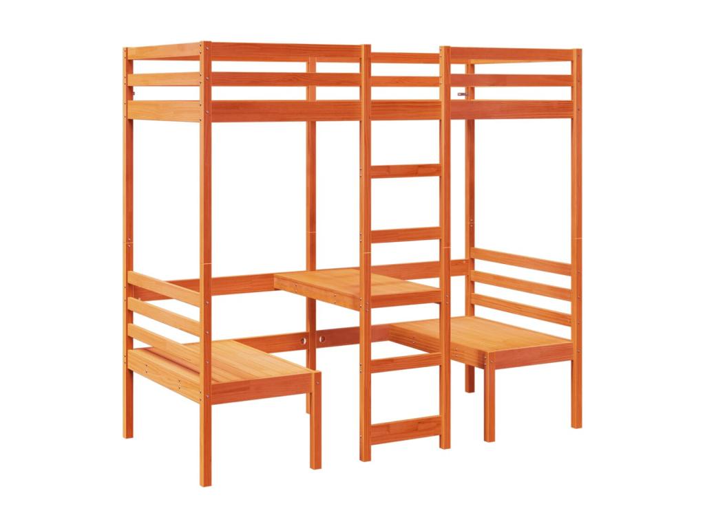 Cama alta escritorio y asientos madera maciza marrón 80x200 cm