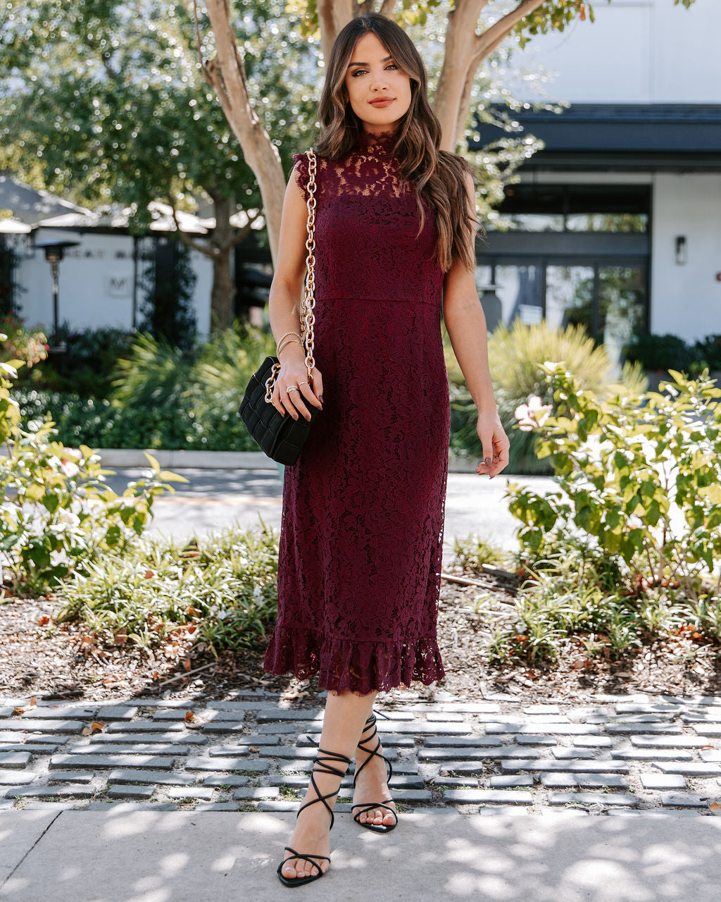 Frances Lace Ruffle Midi Dress - Wine - Se7enfashion