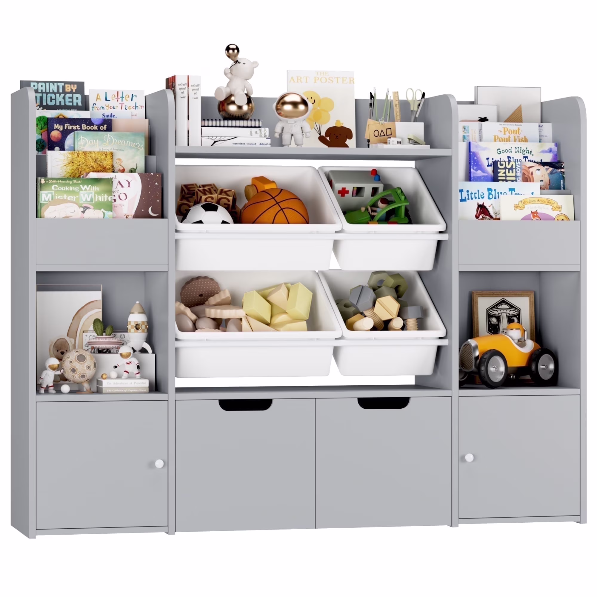 Hiphuta Kids Bookcase Toy Storage Organizer, Wooden Toy Organizer of 4 Bins& 2 Removable Drawers for Home Bedroom, Kids Bookshelf Toy Box with Book Rack, White - Image 7