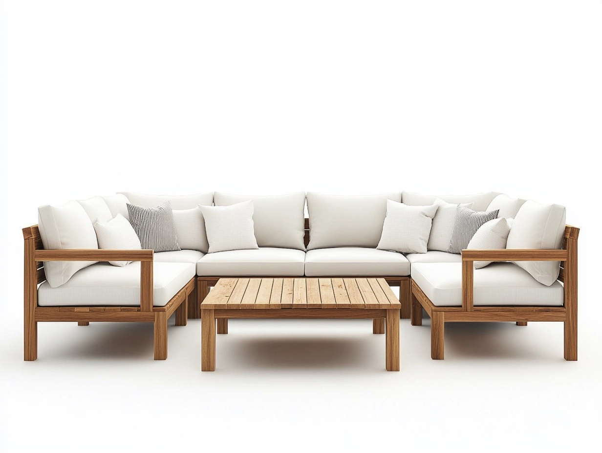 Sofá seccional esquinero de madera y lino beige para sala de estar estilo moderno 260x200cm con mesa de centro funcional FY1209604