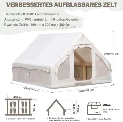 Inflatable Camping Tent, Glamping Inflatable Tent for Camping, 4 Season Water&Windproof Outdoor Oxford Blow Up Cabin Tent with Mesh Windows & Doors for 4-8 People Camping - Image 2