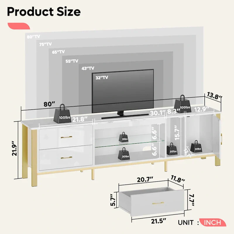 Contemporary 80-Inch TV Stand for 75/80/85 Inch TVs with 2 Drawers