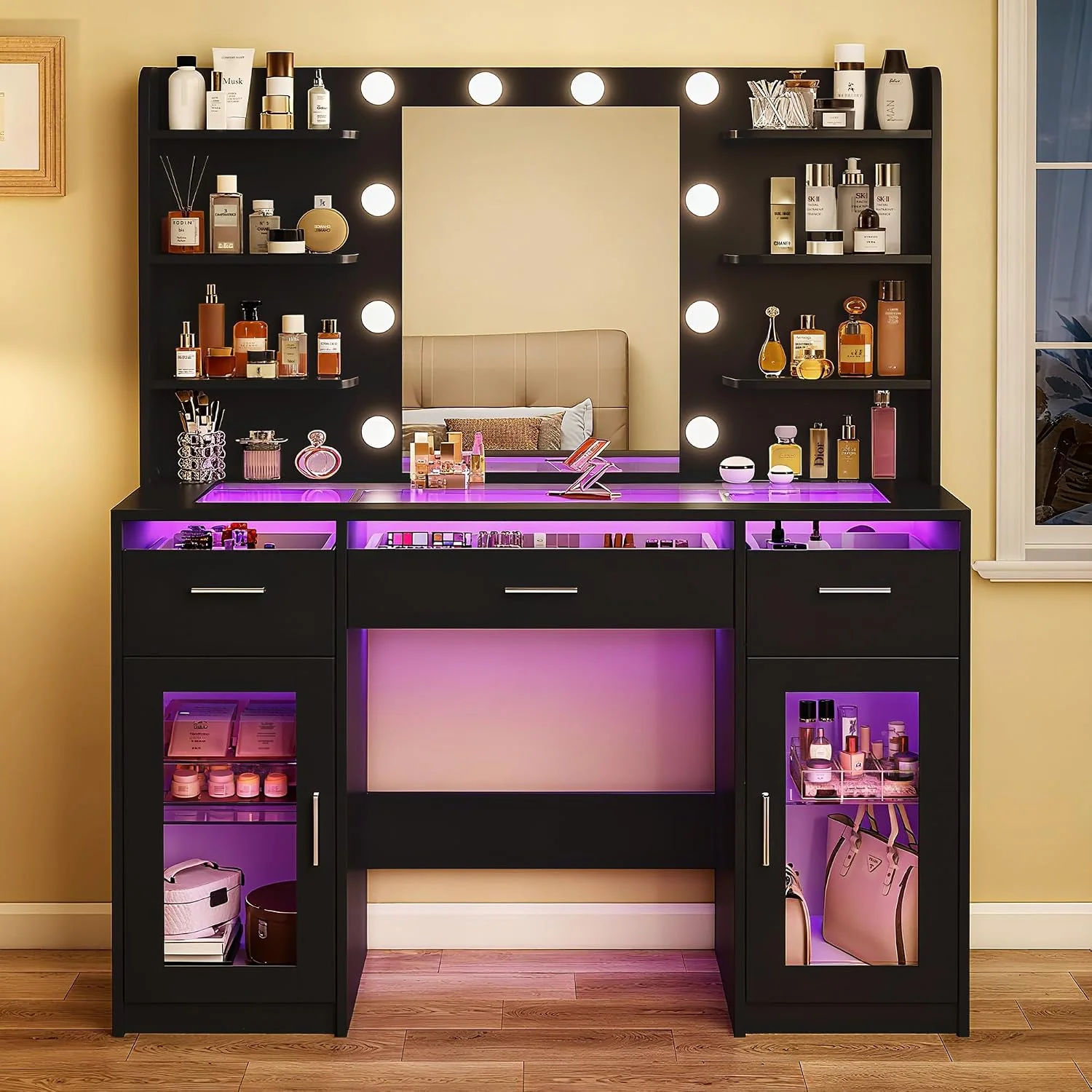 Fixwal Black Luxury Makeup Vanity Table with Tempered Glass Top, LED Mirror & RGB Lighting - Image 6 Fixwal Black Luxury Makeup Vanity Table with Tempered Glass Top, LED Mirror & RGB Lighting - Image 6