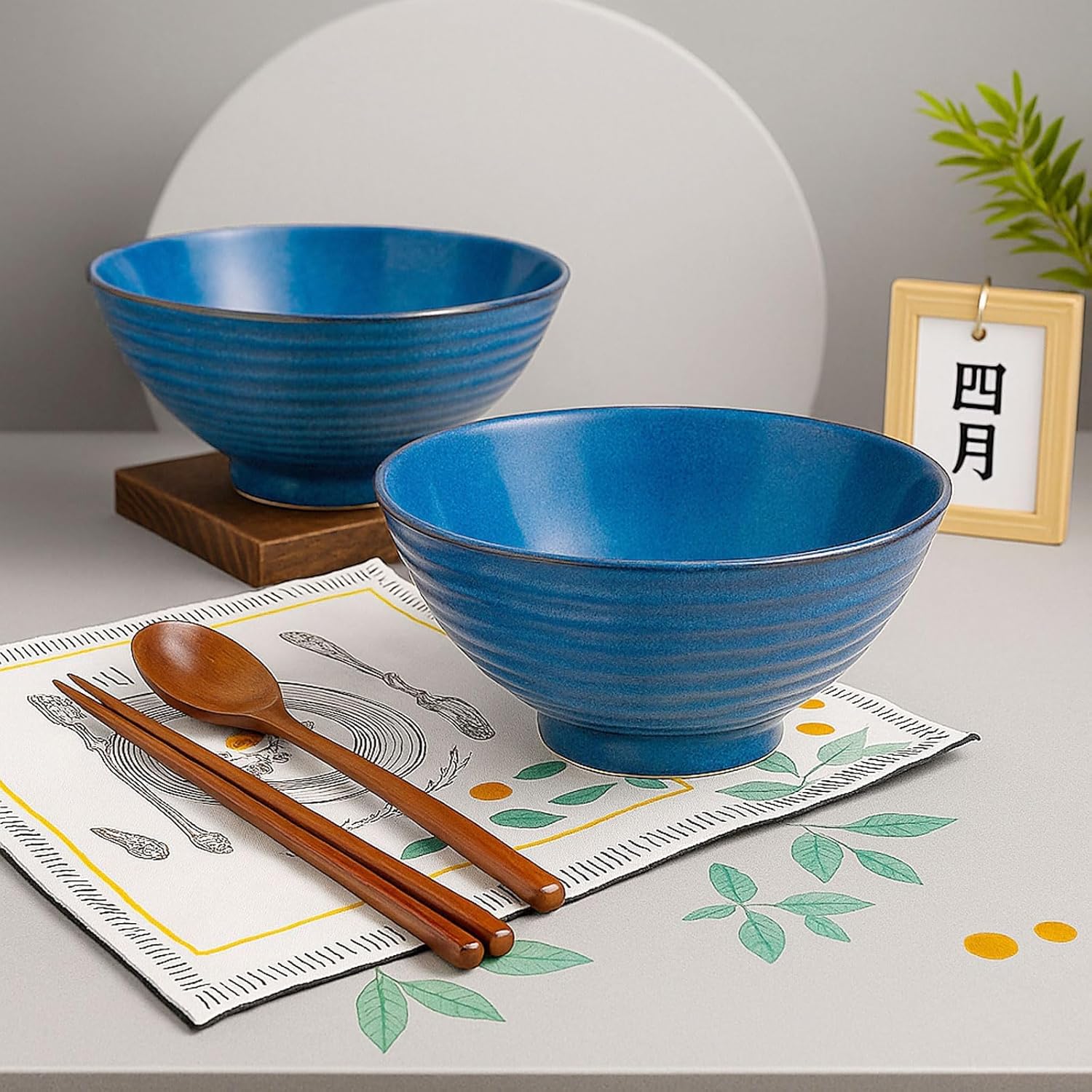 2x Ceramic Ramen Bowls - 40 oz - 20cm - With Spoon and Chopsticks for Ramen Soup Pho Udon Asian Noodles, Large Noodle Bowls (Blue glaze 2 sets)