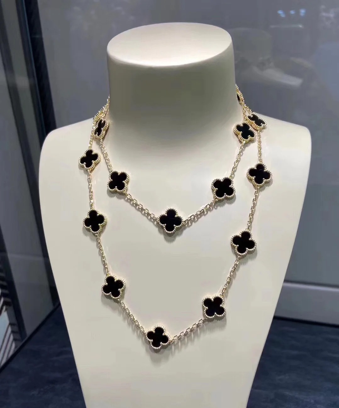 VCA Yellow Gold Black Clover Vintage Alhambra Long Necklace, 20 Motifs - Original Replica Club
