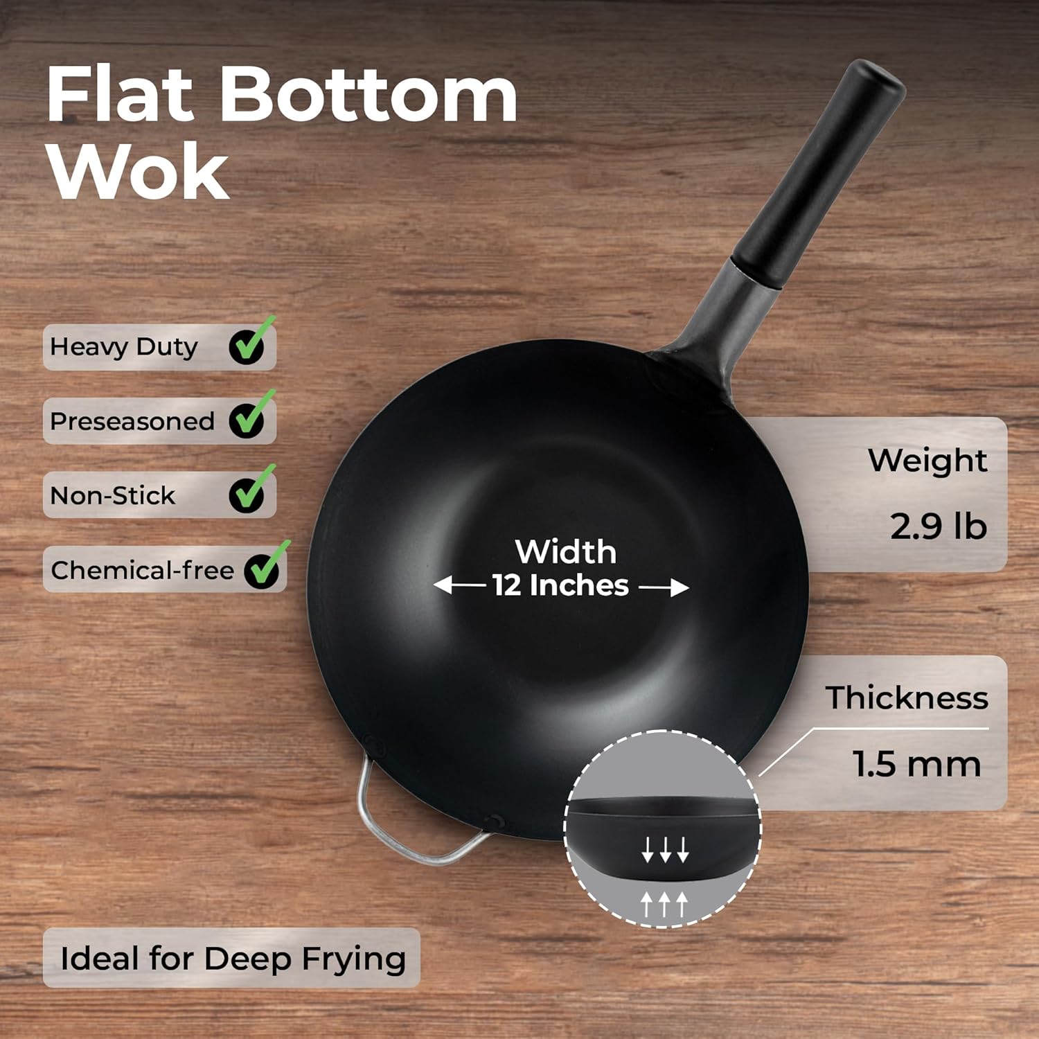 Restaurantware Carbon Steel Wok 1 Pack of 11.6 Inch Heavy-Duty Uniform Heat Distribution Pan Induction Compatible Flat Bottom Wok Welded Handle Black For Gas Stovetops And Grills