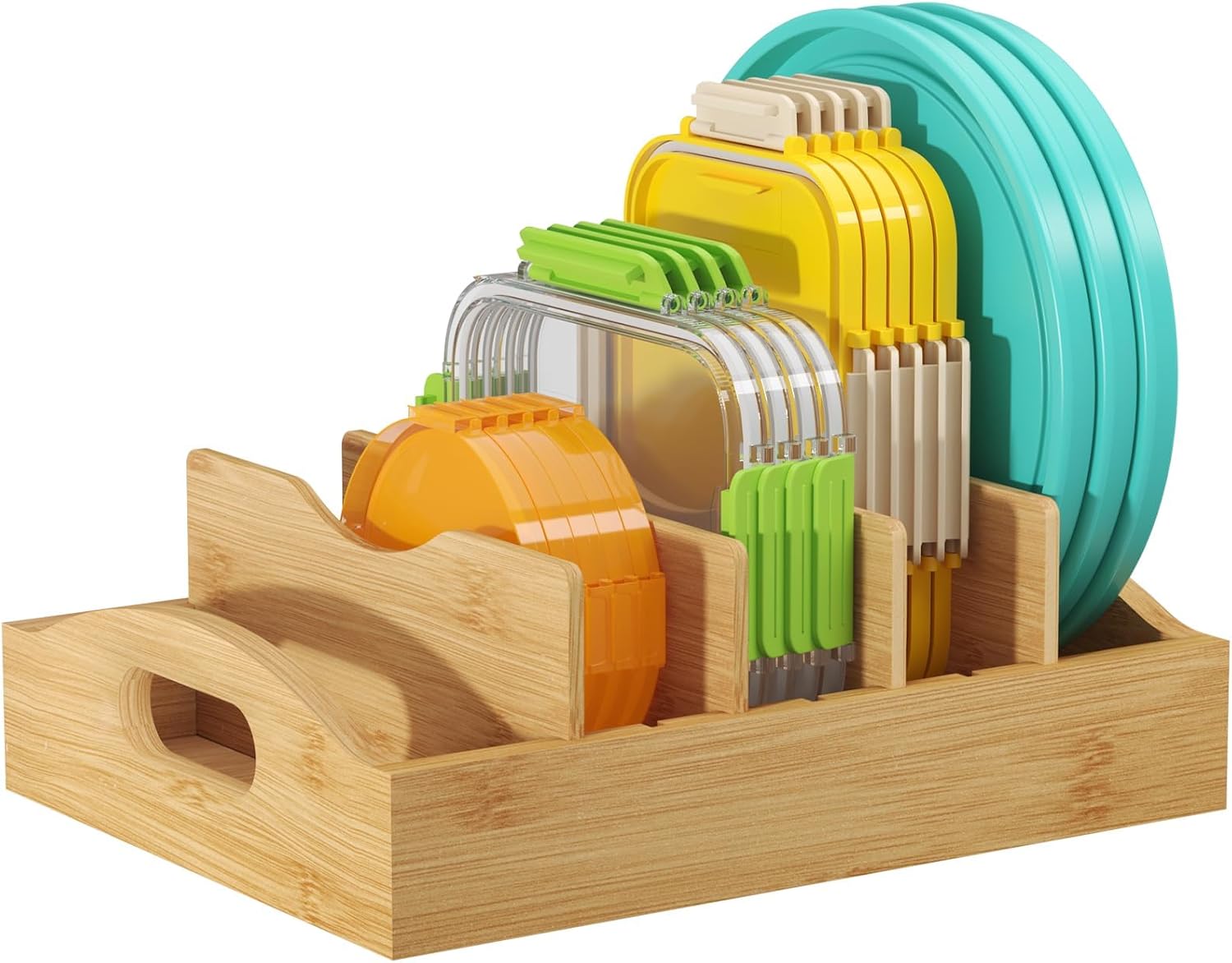 Lifewit Bamboo Lid Organizers for Inside Cabinet, Food Storage Container Lid Holder with 4 adjustable Inserts & 5 Sections, Kitchen Pantry organizer and storage, 10.6