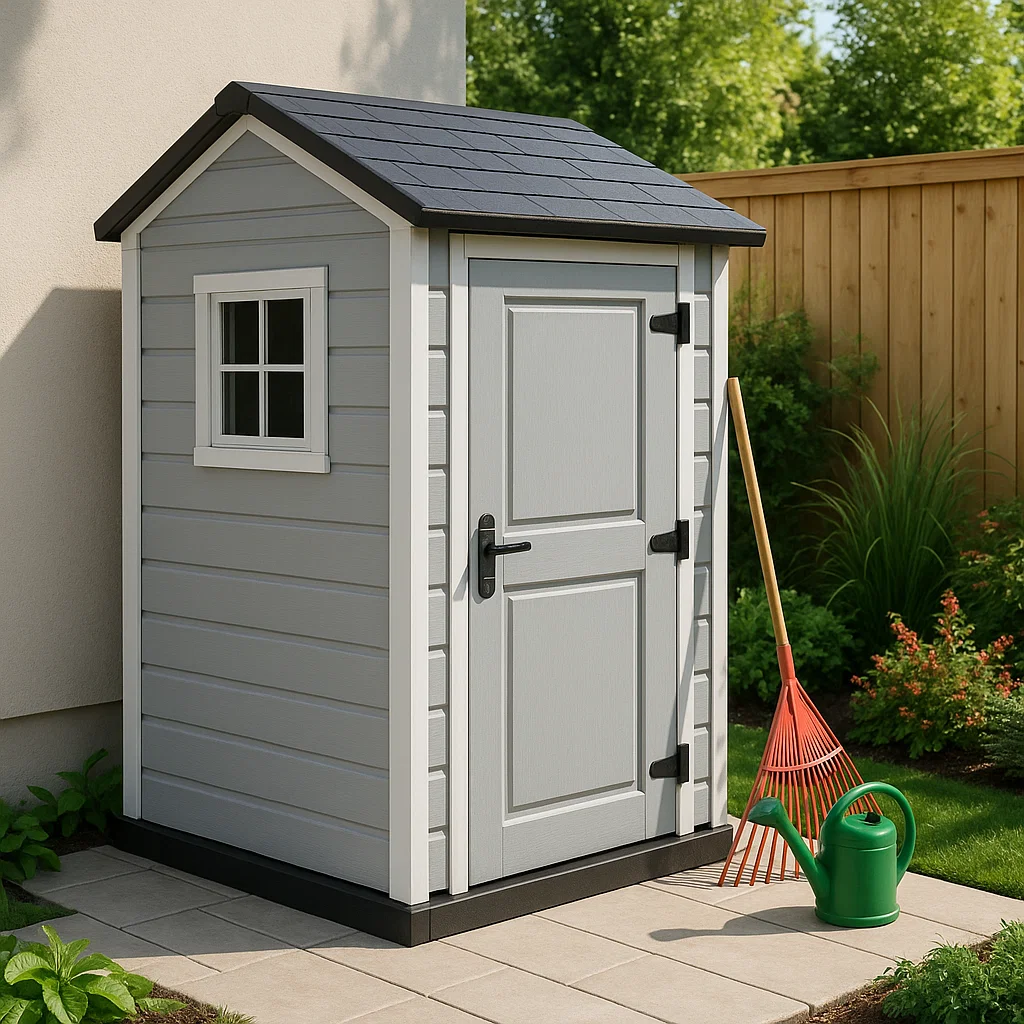 Caseta de jardín armario compacto gris claro resina para exteriores 140x140x190 cm SRpsosp218Hw